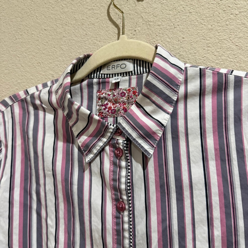 ERFO Women's Striped Button Up Short Sleeve Shirt‎ Size 42 Pink Gray White